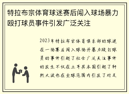 特拉布宗体育球迷赛后闯入球场暴力殴打球员事件引发广泛关注